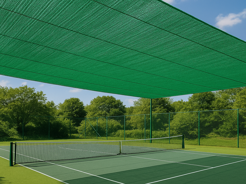 Gölgelik file uygulama örneği — tenis kortu üzeri yeşil HDPE güneşlik file